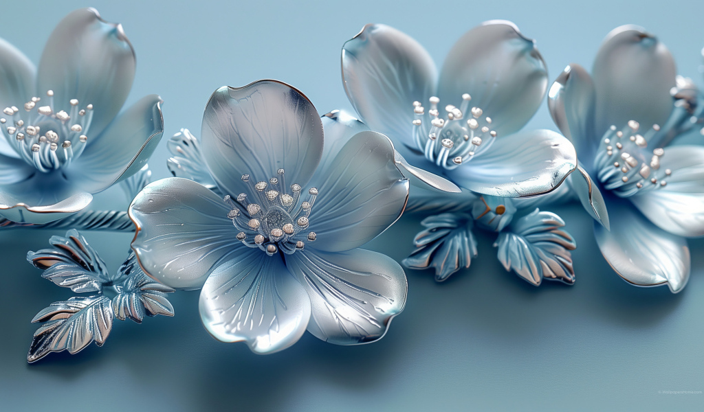 Красивые серебряные 3д цветы на голубом фоне