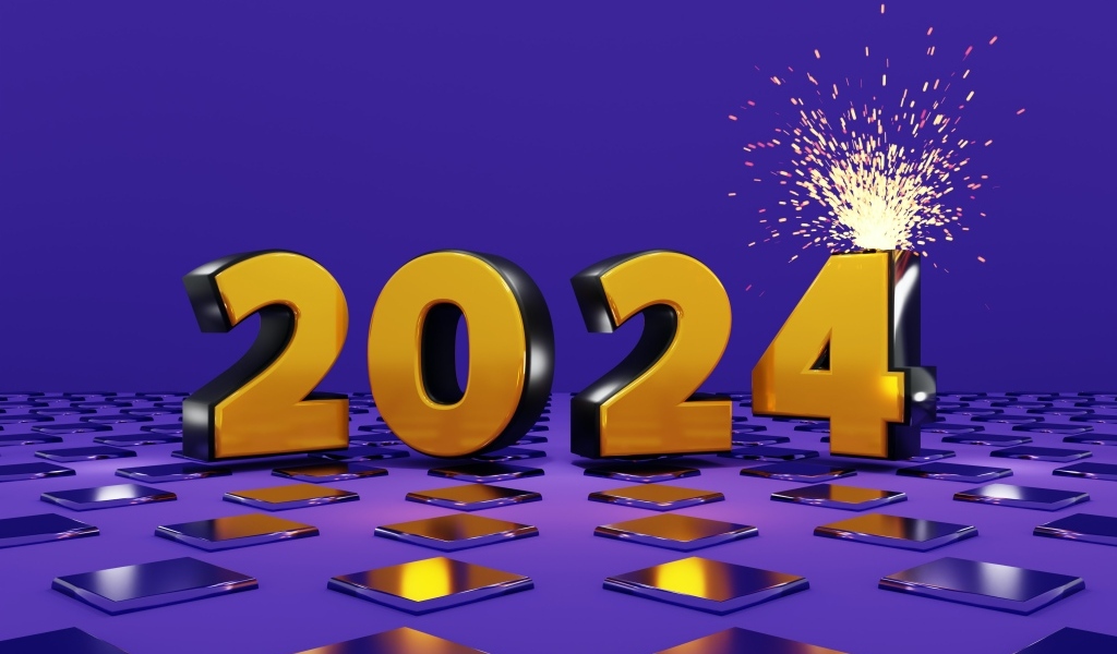 Яркие оранжевые цифры 2024 на фиолетовом фоне