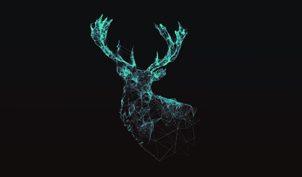 Олень 3д из неоновых линий на черном фоне