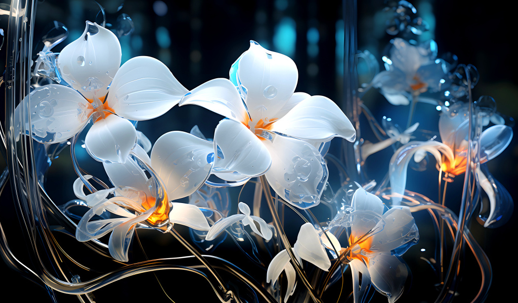 Стеклянные белые цветы на темном фоне