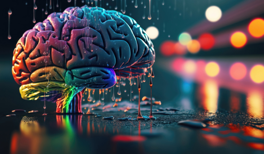 Разноцветный мозг под дождем на асфальте