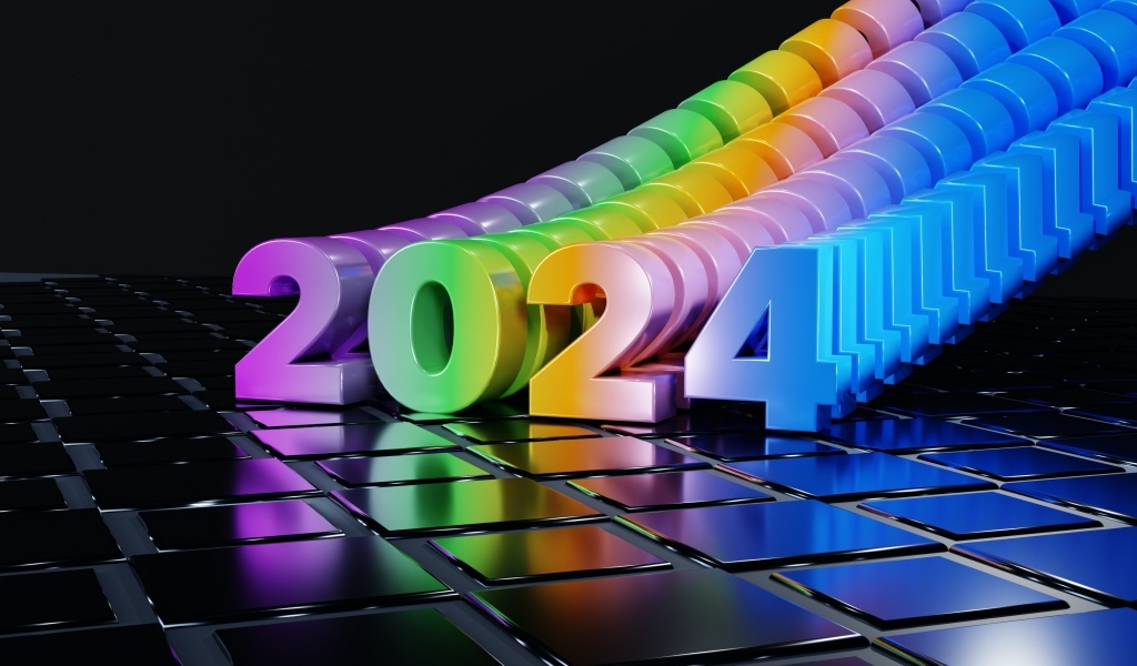 Разноцветные цифры 2024 на черном фоне с квадратами