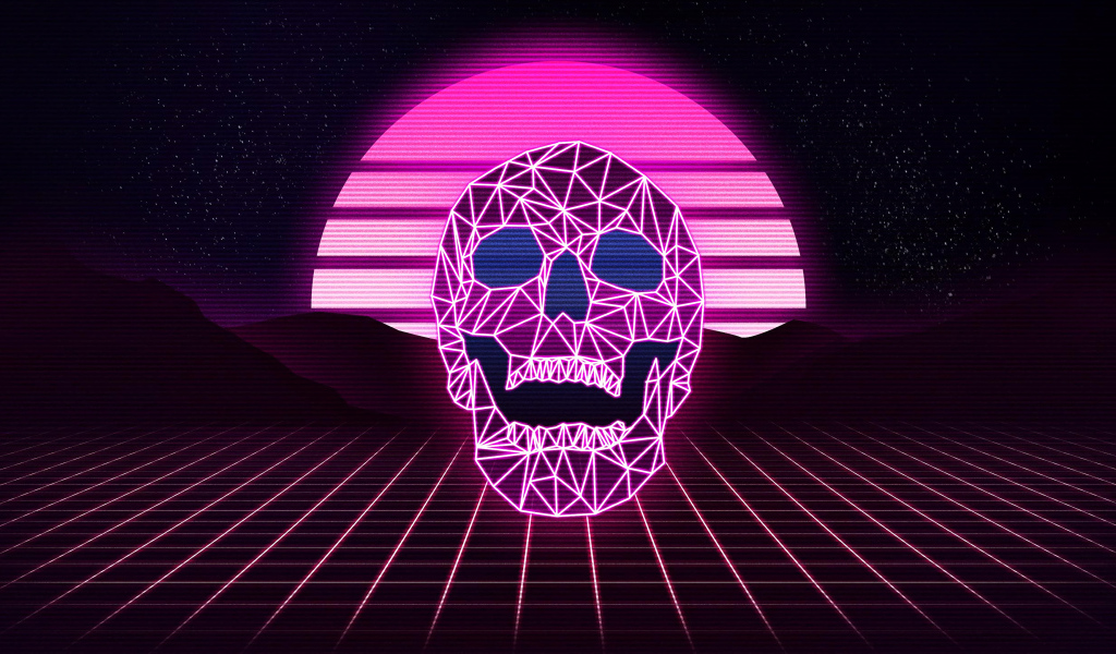 Розовый неоновый череп из линий на фоне сетки