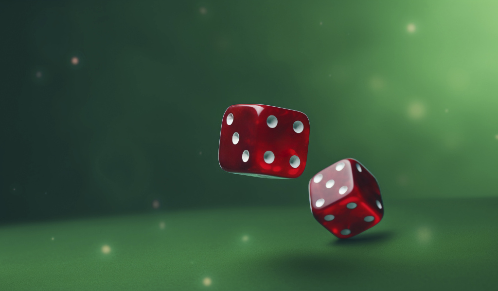 Красные 3д кубики на зеленом фоне