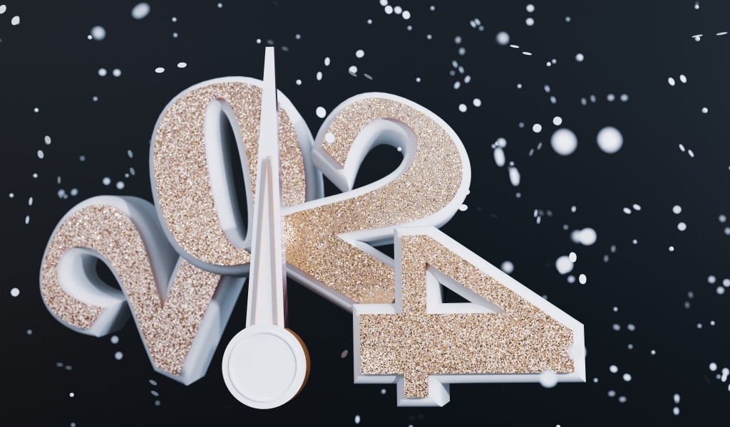 Блестящие цифры 2024 со стрелкой на черном фоне