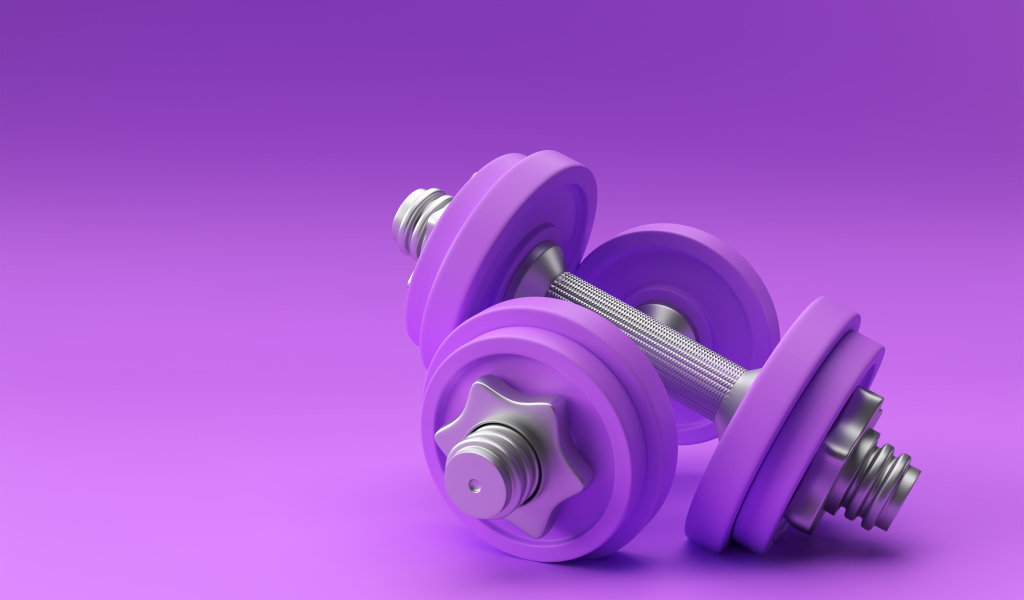 Две 3д гантели на сиреневом фоне