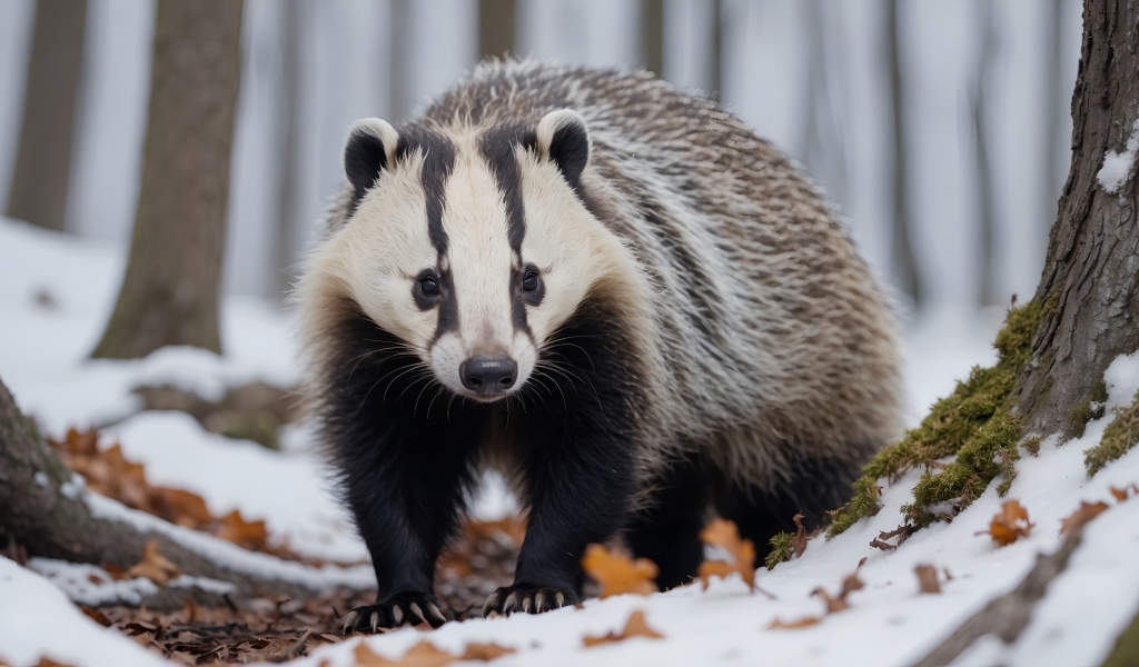 Большой барсук в заснеженном лесу