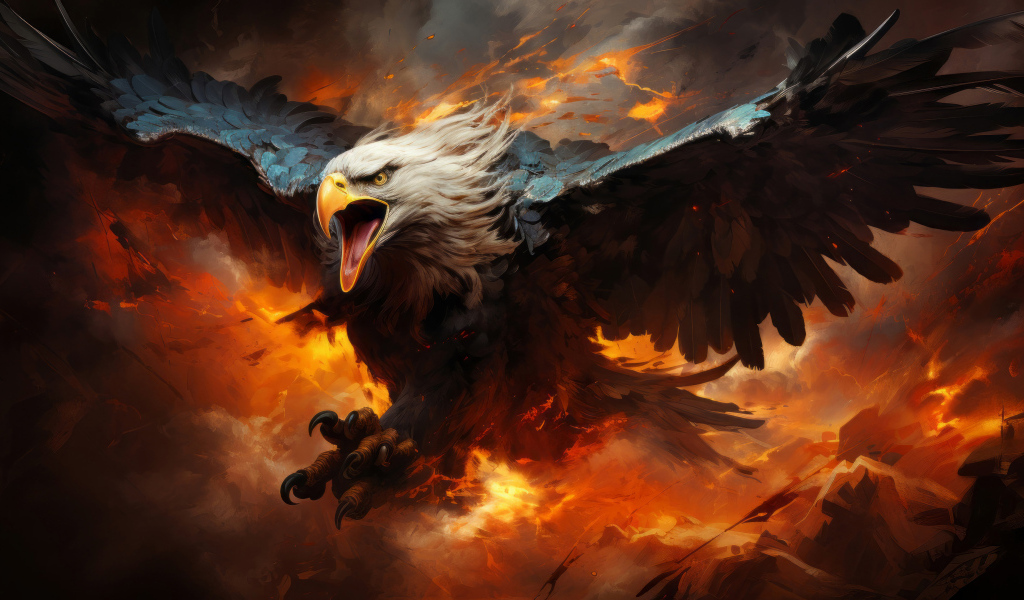 Хищный орел летит в огненном небе