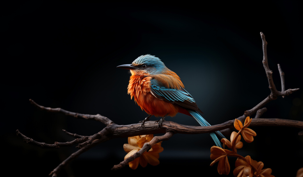 Птица зимородок сидит на ветке дерева на черном фоне