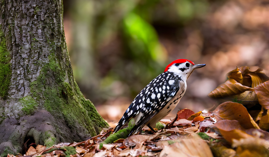 Пятнистый дятел сидит на опавшей листве