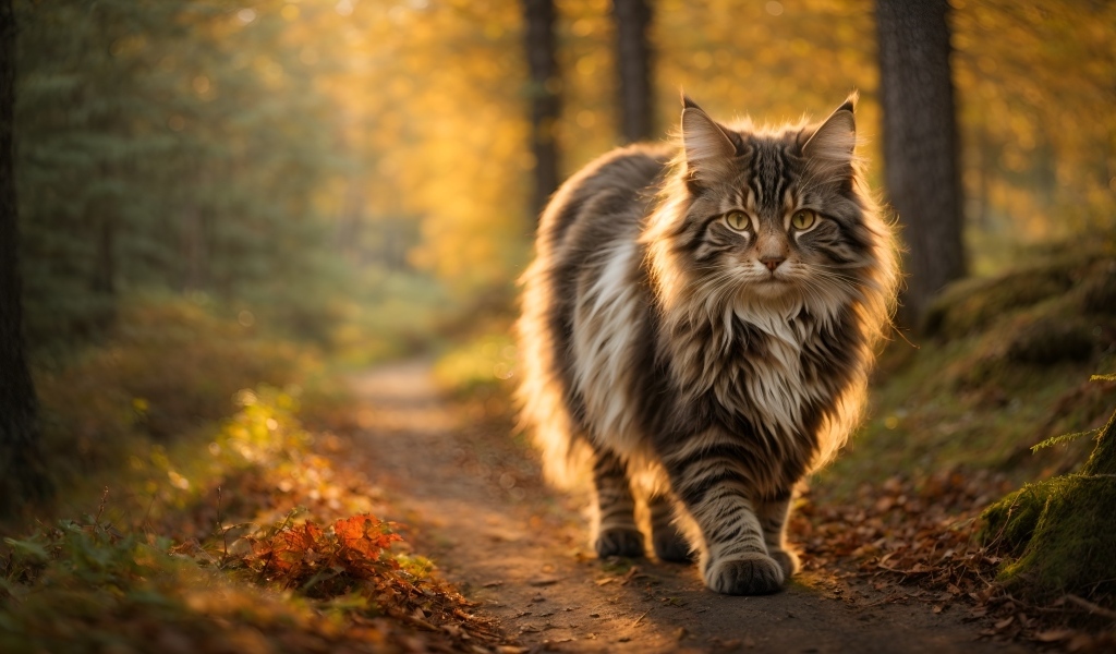 Большой пушистый кот идет по лесу