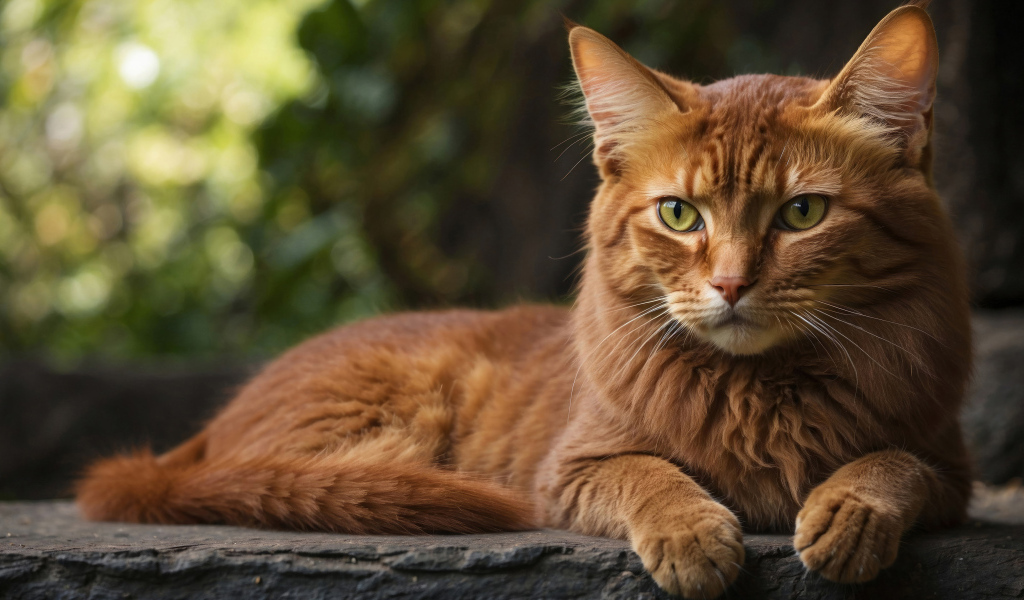 Большой рыжий кот лежит на камне