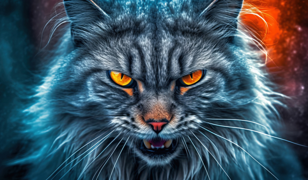 Злой серый пушистый кот с огненными глазами
