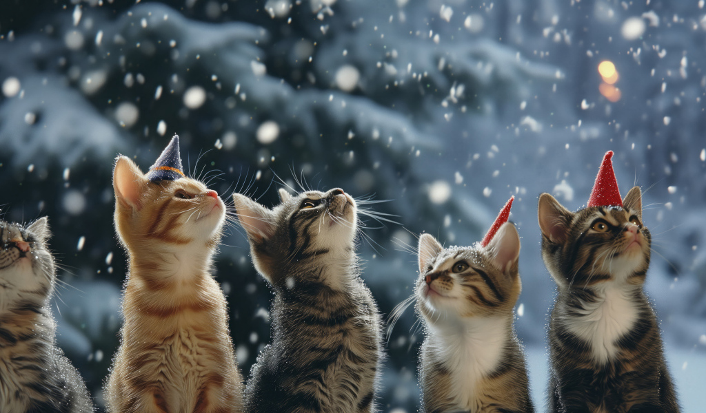 Рождественские коты смотрят вверх на снег