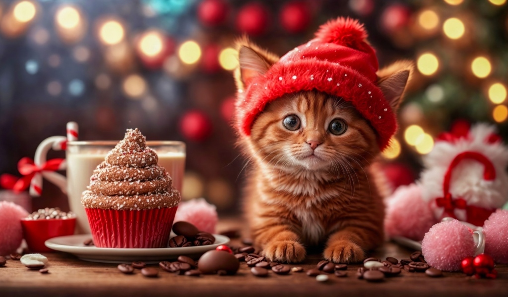 Милый маленький рыжий котенок с пирожным