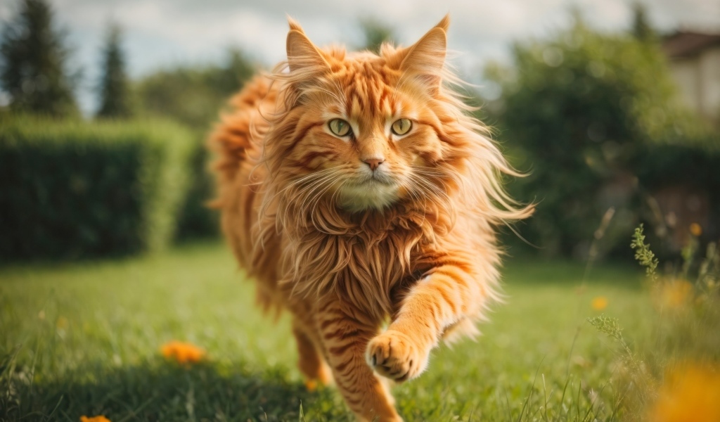 Пушистый рыжий кот бежит по зеленой траве