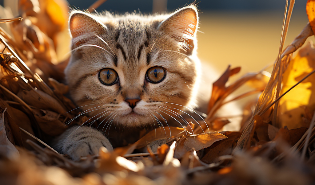 Забавный серый котенок прячется в сухой траве