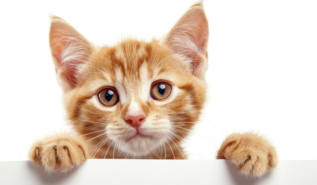 Смешной маленький рыжий котенок на белом фоне