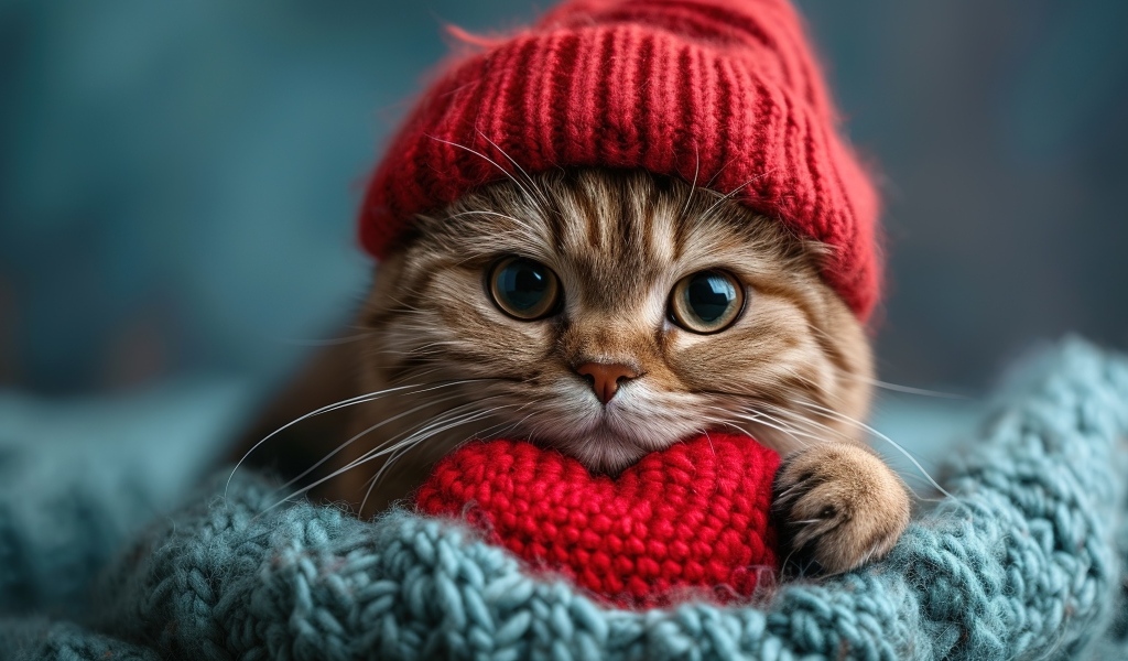 Рыжий кот в красной вязаной шапке с сердечком в лапах