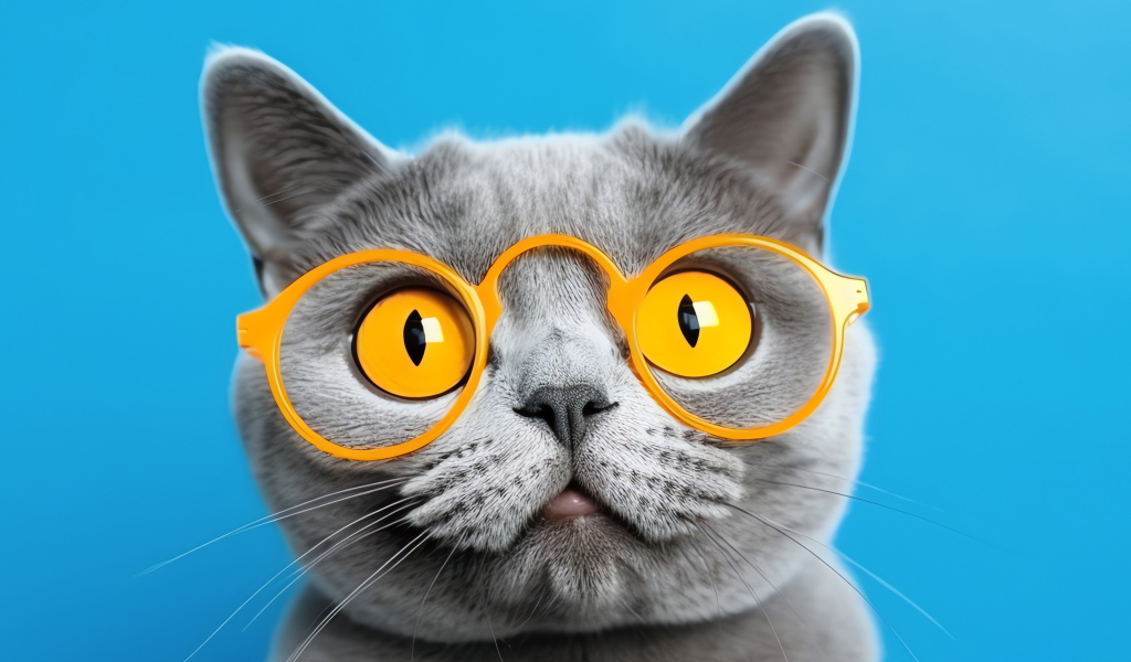 Серый кот в желтых очках на голубом фоне
