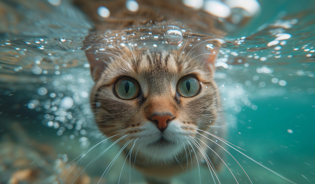 Зеленоглазый кот под водой