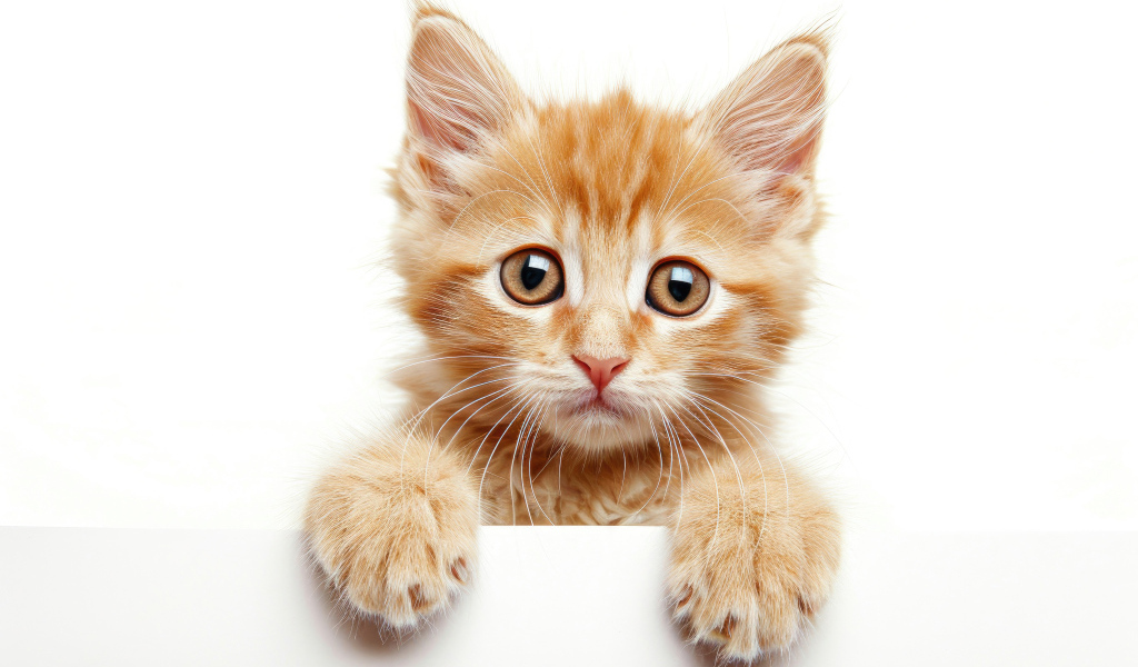 Маленький рыжий котенок на белом фоне