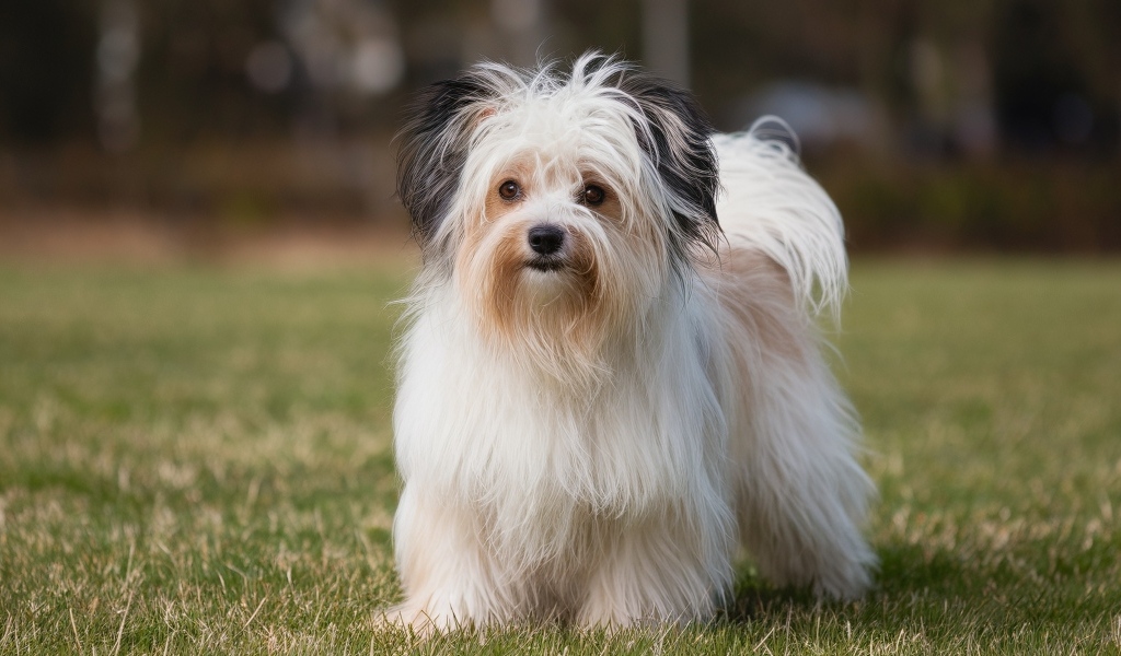 Пушистая собака на зеленой траве