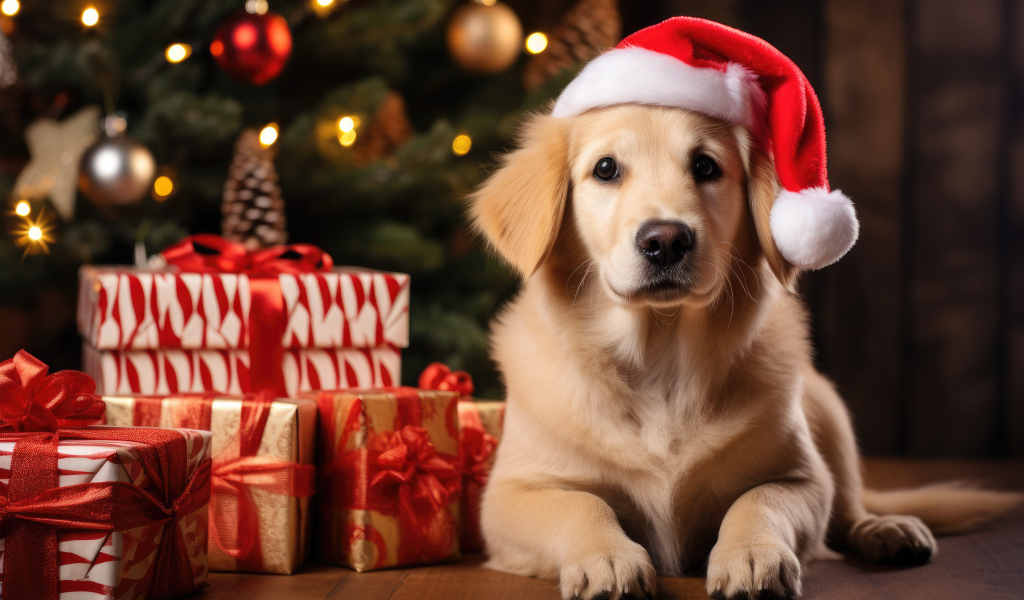 Золотистый ретривер с подарками у новогодней ели