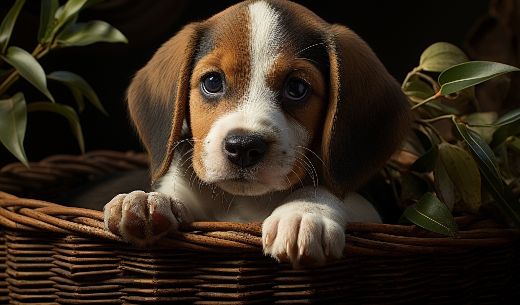 Маленький щенок в корзине с зелеными листьями