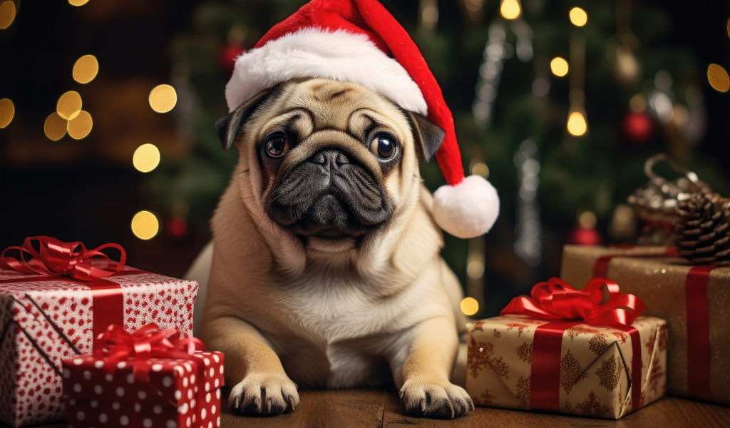 Мопс с подарками под новогодней елкой