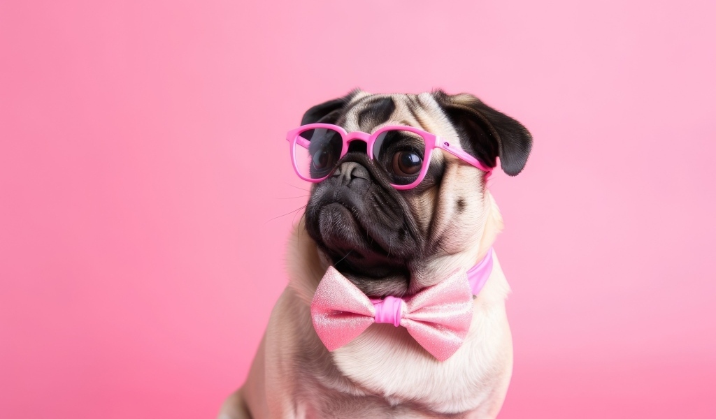 Мопс в очках на розовом фоне