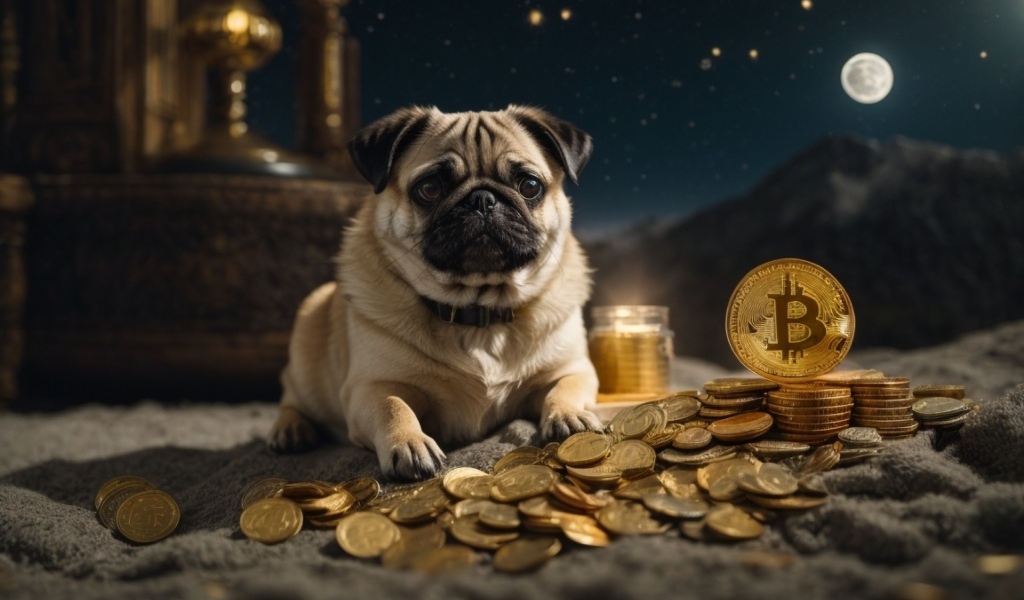 Мопс с золотыми монетами на песке