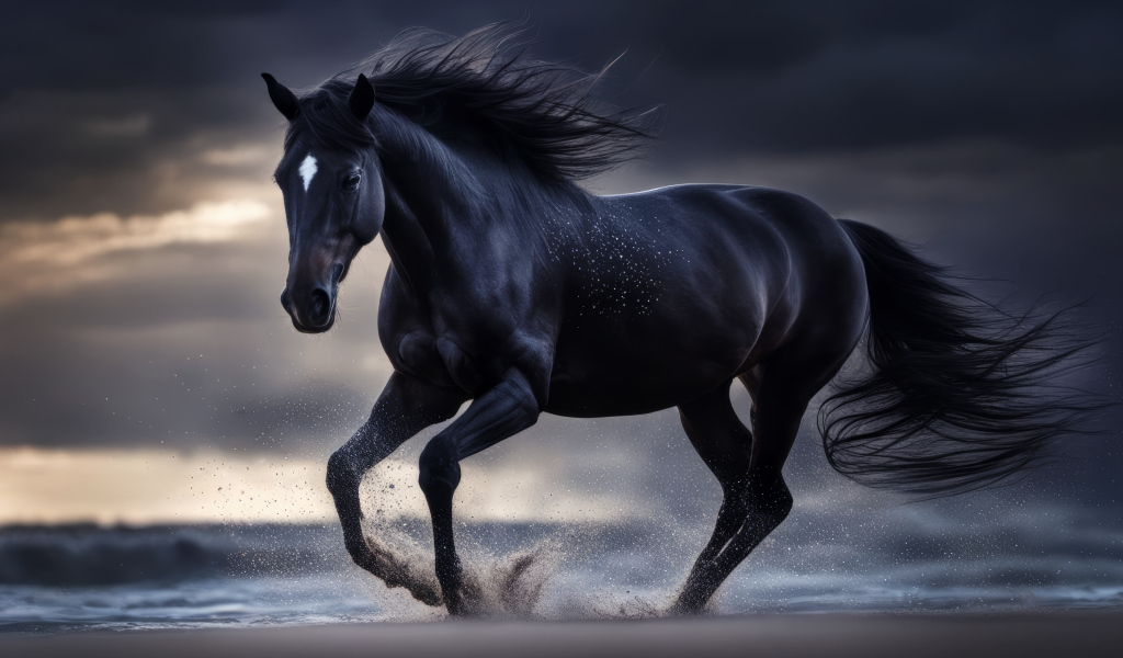 Красивый черный конь скачет по песку у моря