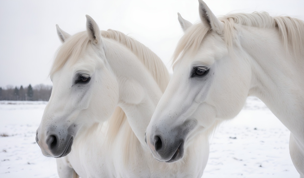 Две красивые белые лошади зимой