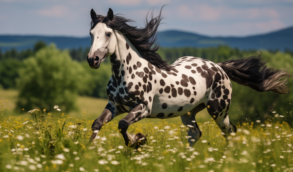 Белая лошадь в черных пятнах на пастбище