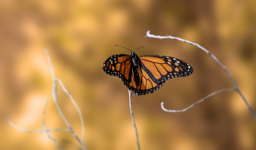 Коричневая бабочка сидит на тонкой ветке