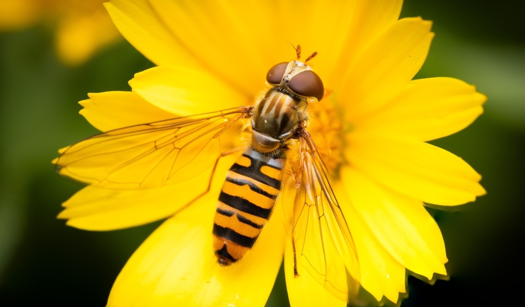 Жужжалка сидит на желтом цветке