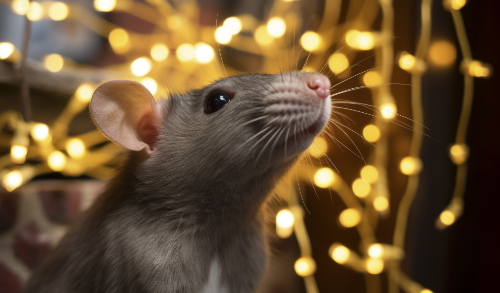 Серая крыса на фоне гирлянды
