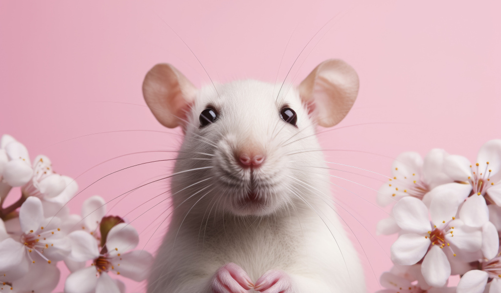 Белая крыса на розовом фоне с цветами