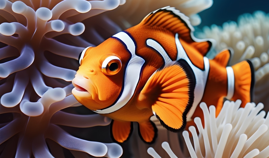 Рыбка клоун плавает в кораллах 