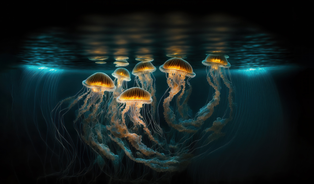 Много светящихся медуз под водой