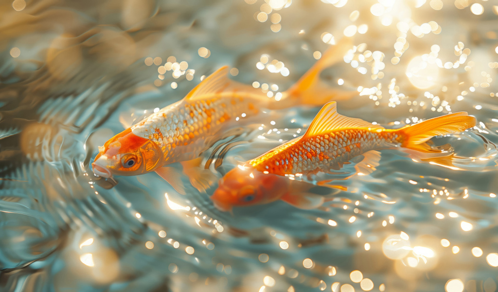 Две золотые рыбки плавают в воде