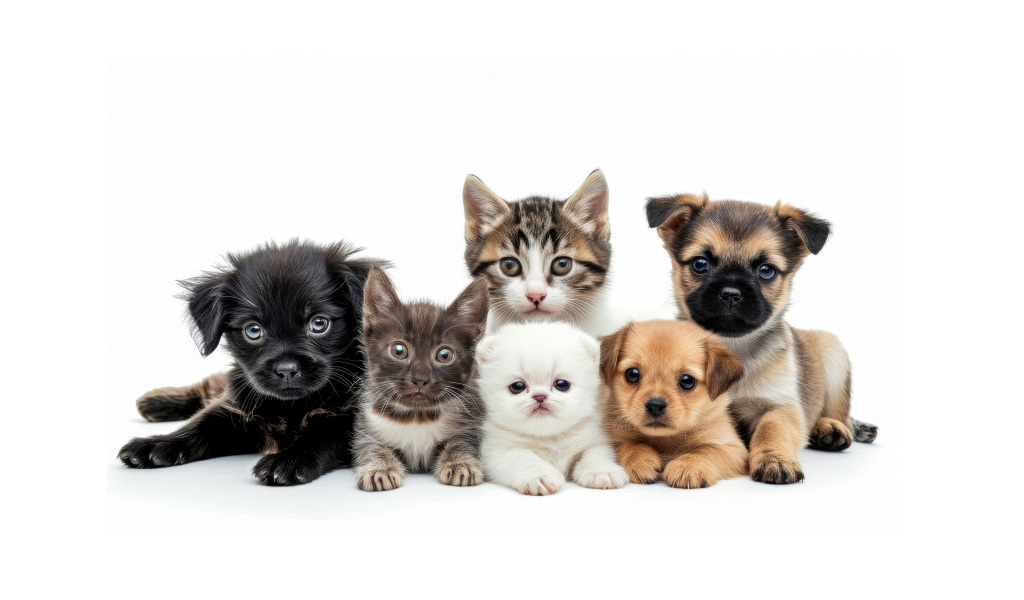 Маленькие котята и щенки на белом фоне
