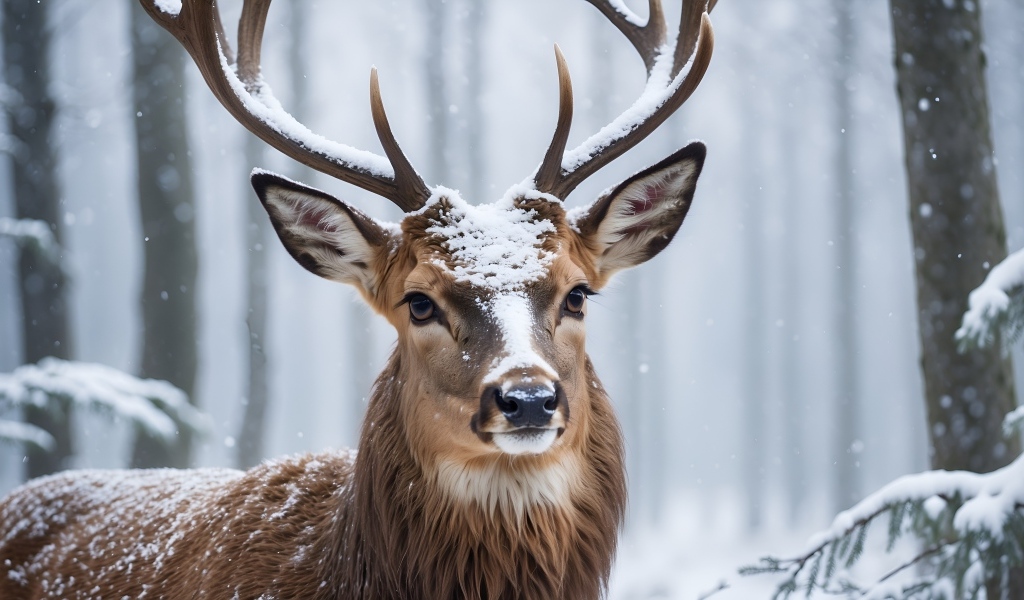 Большой олень в зимнем заснеженном лесу