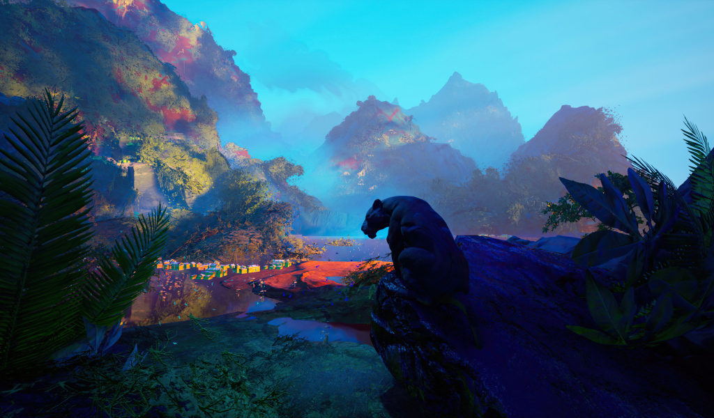 Большая черная пантера сидит на камне