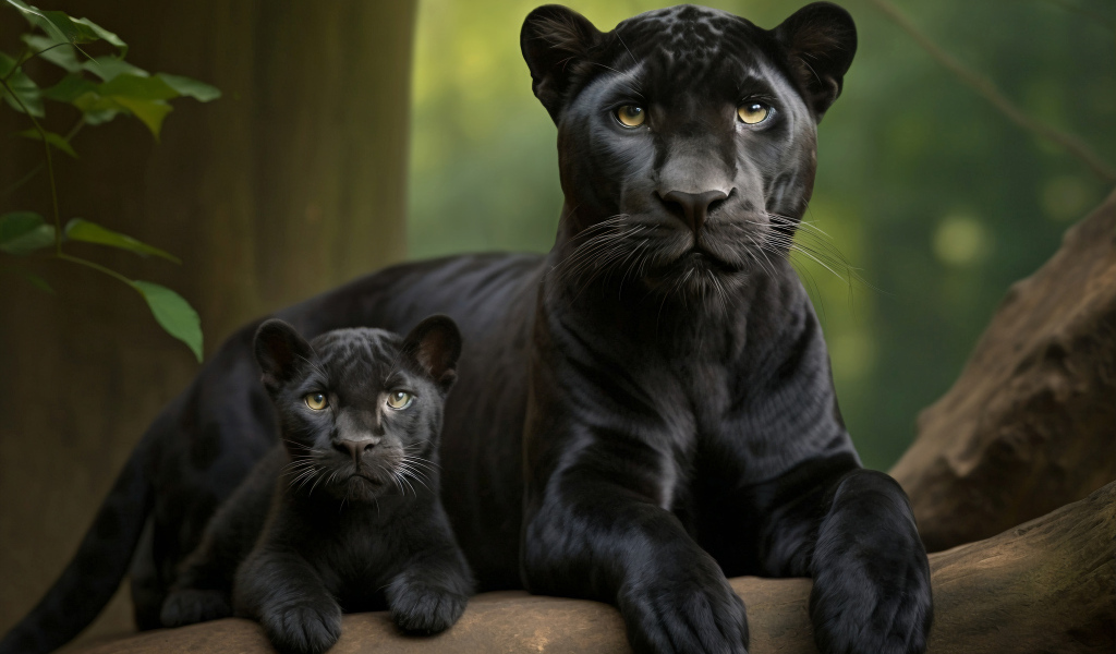 Большая черная пантера с детенышем