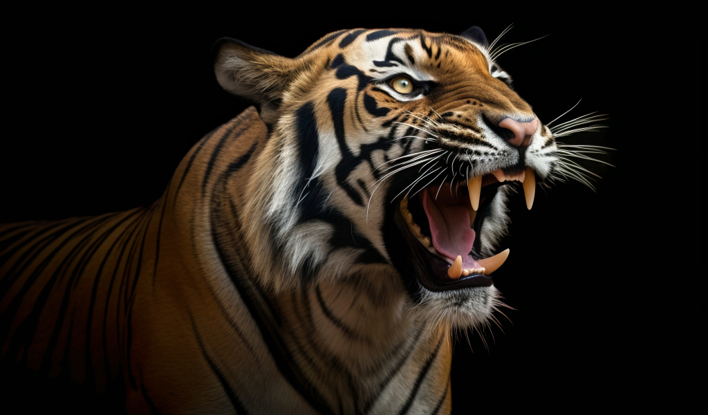 Острые клыки полосатого тигра на черном фоне