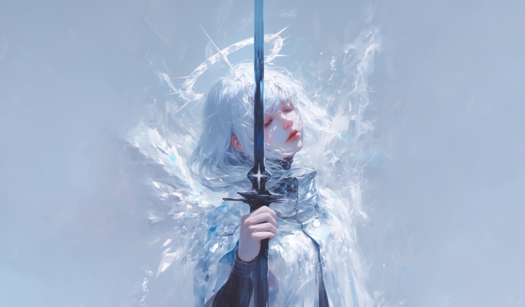 Девушка аниме ангел с оружием на сером фоне