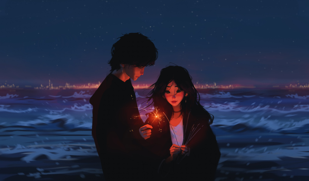 Пара аниме с бенгальскими огнями у воды