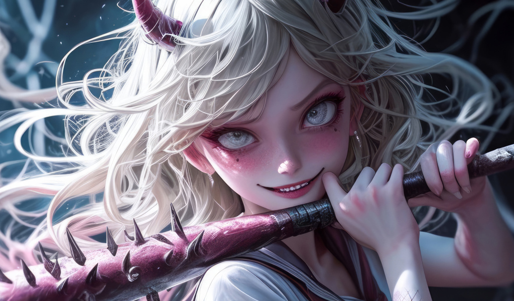 Девушка аниме демон с битой в руках